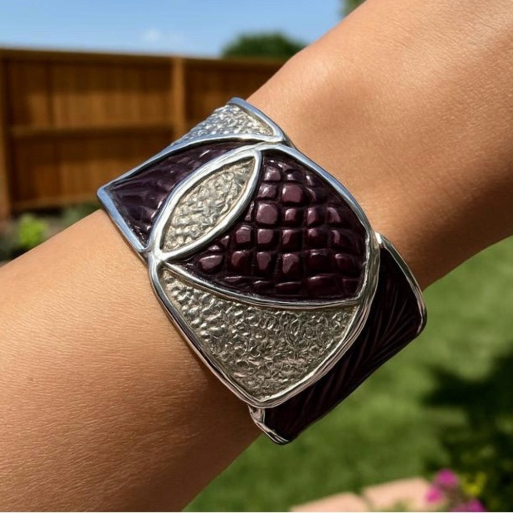 Silver and Purple Textured Stretch Metal Bracelet